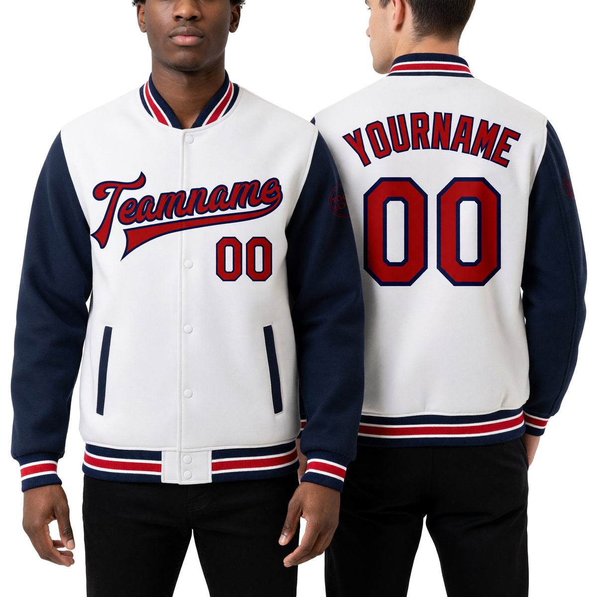 Custom White Red-Navy Bomber Full-Snap Varsity Letterman Two Tone Jacket worn front and back