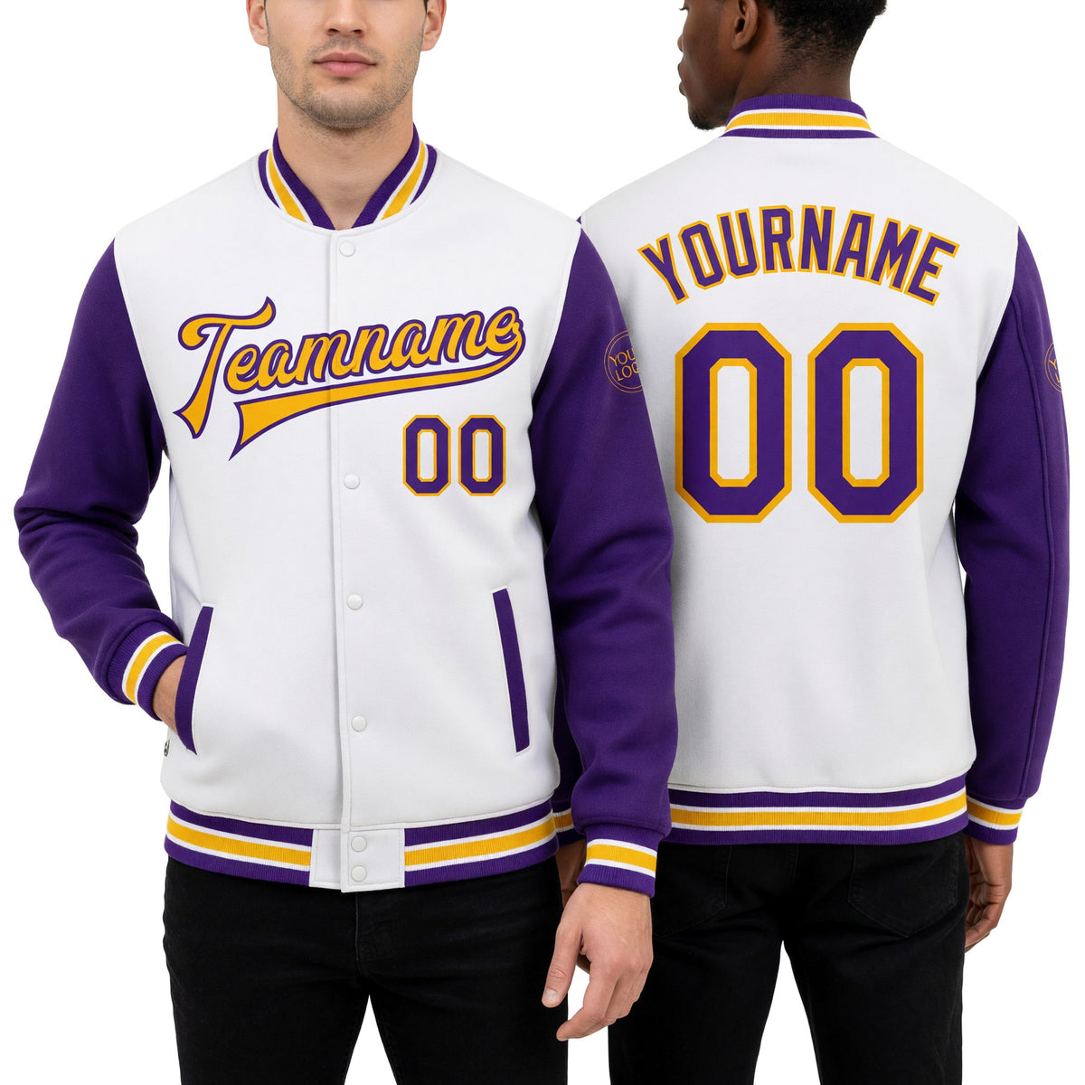Custom White Purple-Gold Bomber Full-Snap Varsity Letterman Two Tone Jacket worn front and back