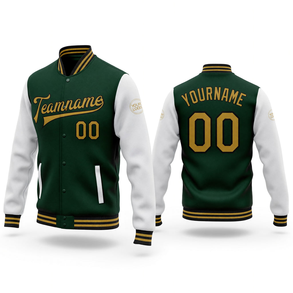 Custom Green Old Gold-Black Bomber Full-Snap Varsity Letterman Two Tone Jacket