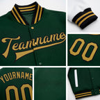 Custom Green Old Gold-Black Bomber Full-Snap Varsity Letterman Two Tone Jacket detail