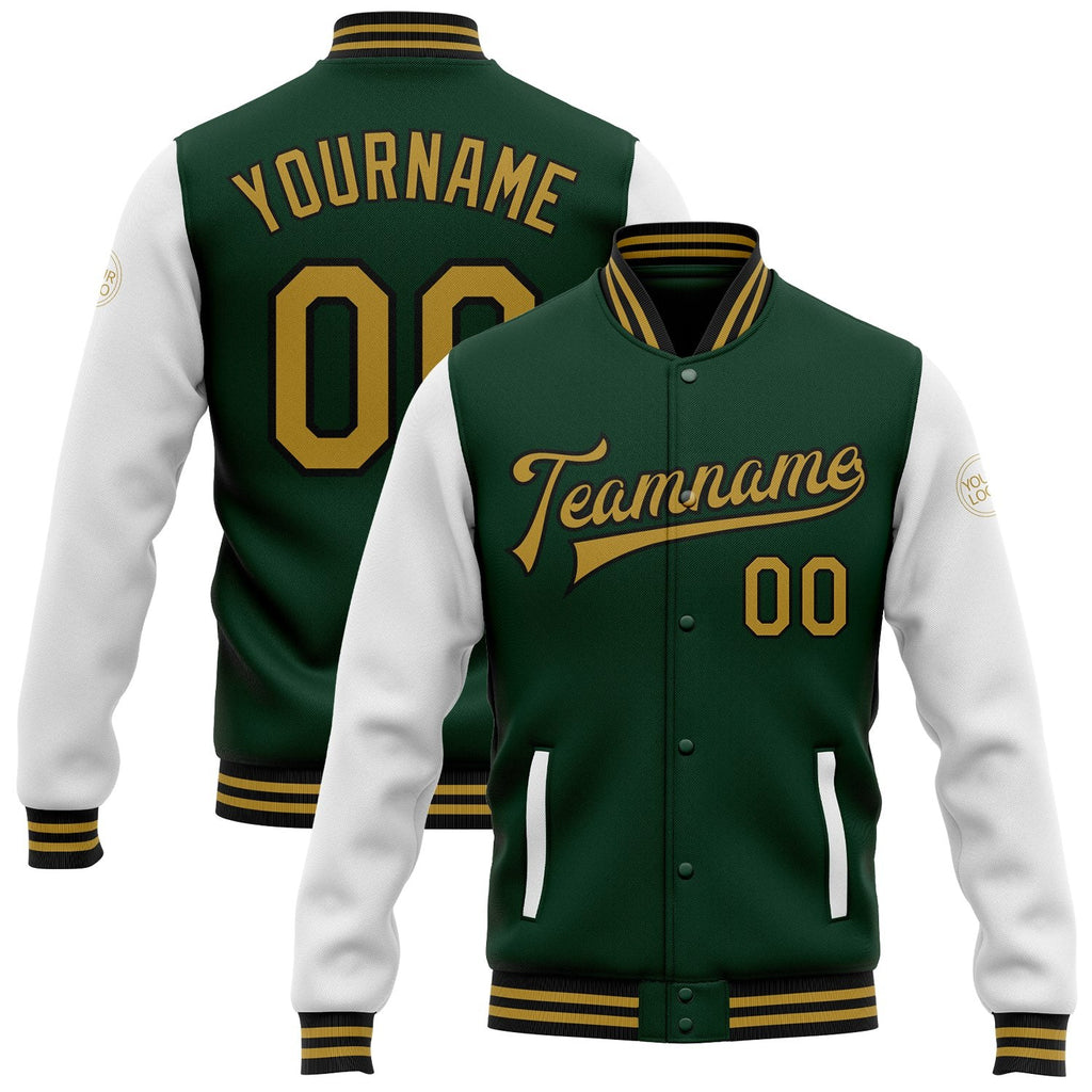 Custom Green Old Gold-Black Bomber Full-Snap Varsity Letterman Two Tone Jacket photo 1