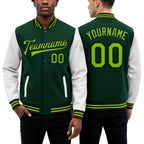 Custom Green Neon Green-Black Bomber Full-Snap Varsity Letterman Two Tone Jacket worn front and back
