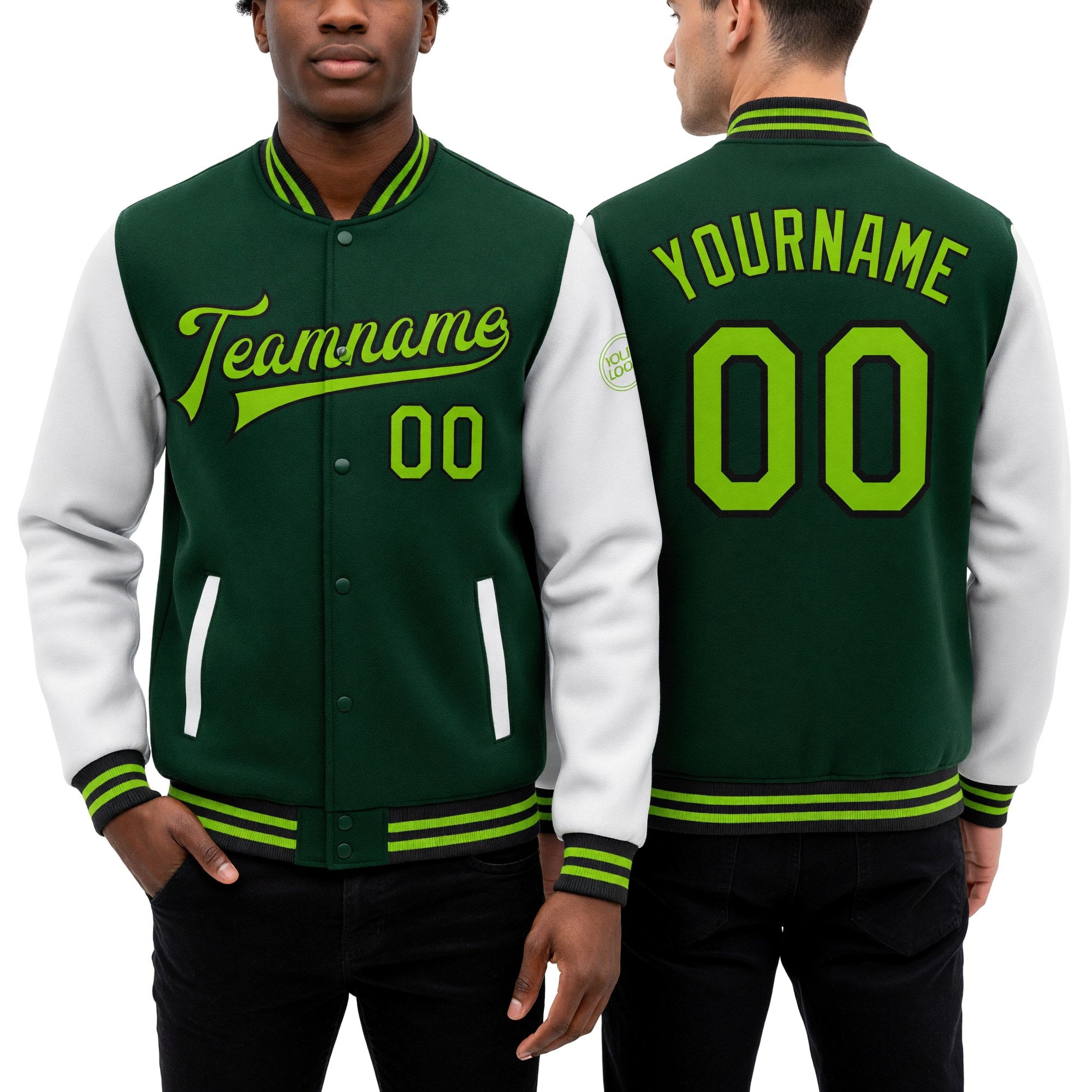 Custom Green Neon Green-Black Bomber Full-Snap Varsity Letterman Two Tone Jacket worn front and back