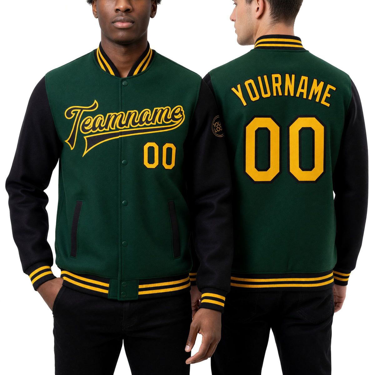 Custom Green Gold-Black Bomber Full-Snap Varsity Letterman Two Tone Jacket worn front and back