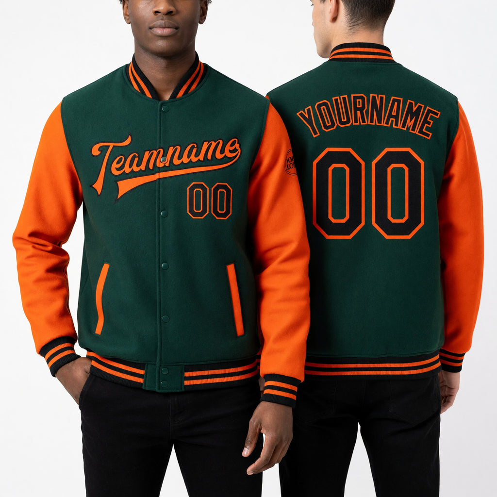 Custom Green Black-Orange Bomber Full-Snap Varsity Letterman Two Tone Jacket worn front and back