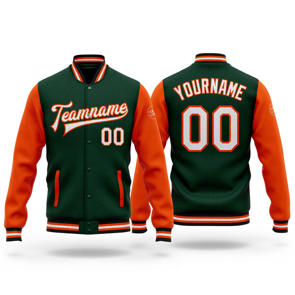 Custom Green White Orange-Black Bomber Full-Snap Varsity Letterman Two Tone Jacket