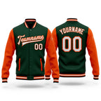 Custom Green White Orange-Black Bomber Full-Snap Varsity Letterman Two Tone Jacket