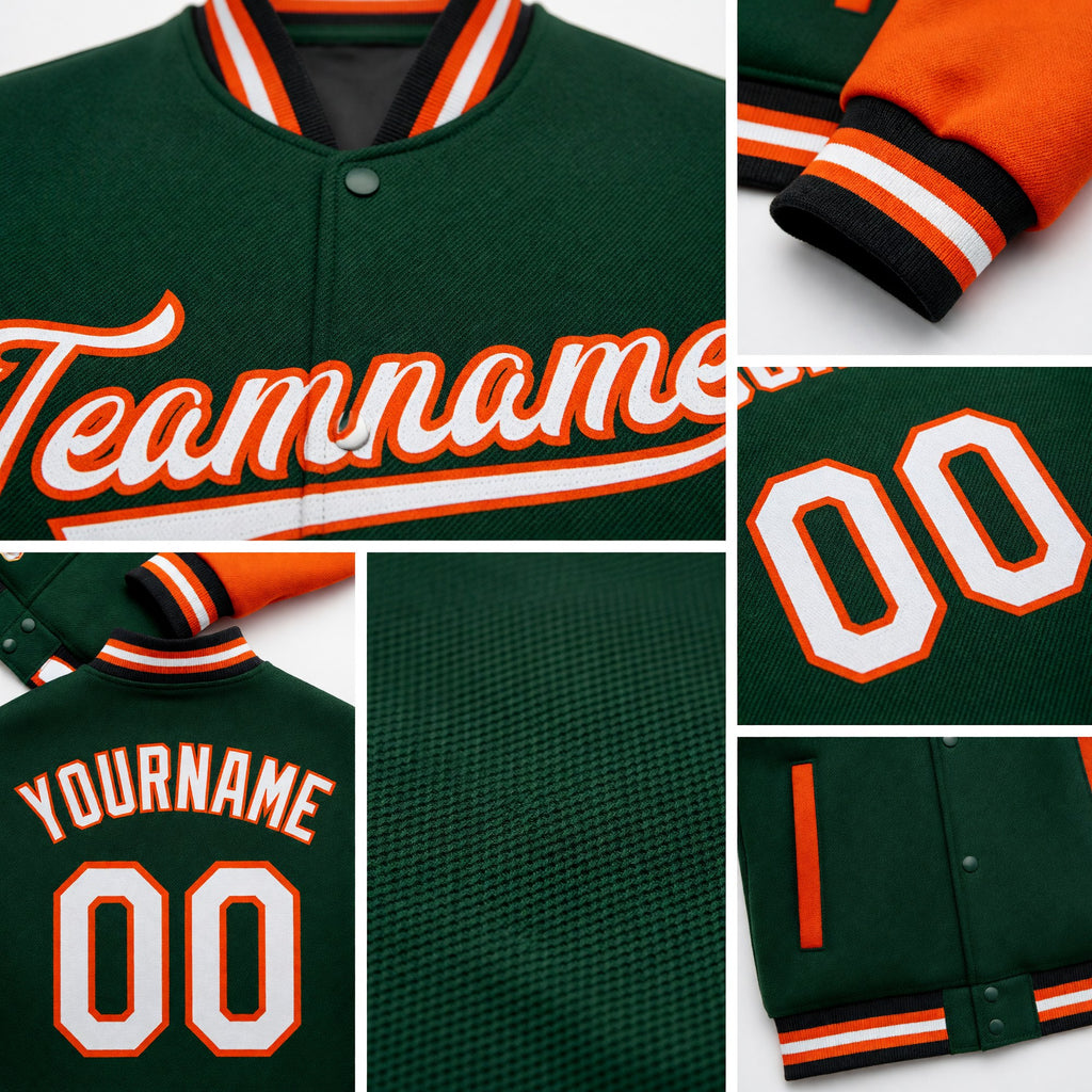 Custom Green White Orange-Black Bomber Full-Snap Varsity Letterman Two Tone Jacket detail