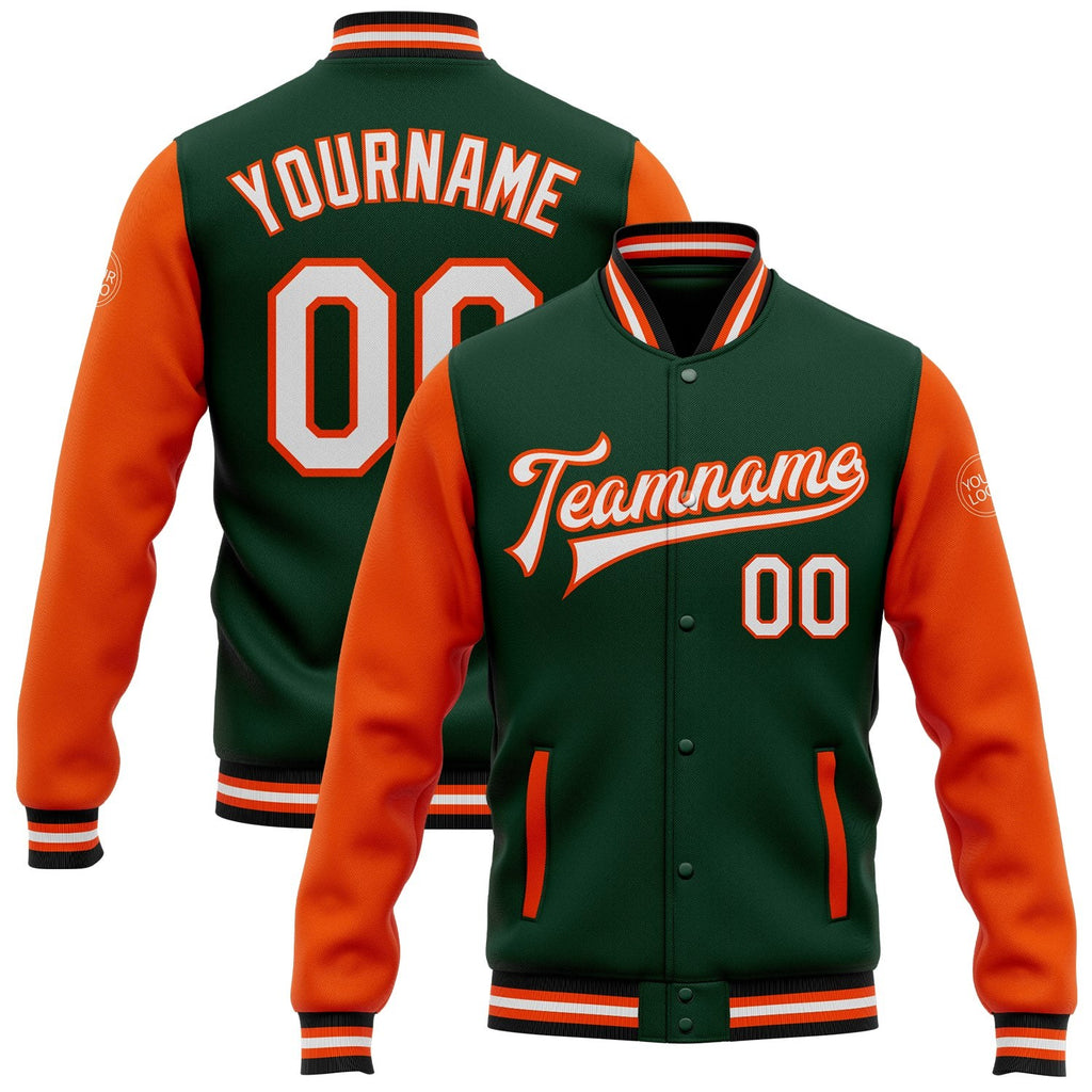 Custom Green White Orange-Black Bomber Full-Snap Varsity Letterman Two Tone Jacket photo 1