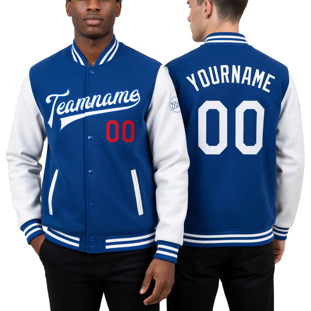 Custom Royal White-Red Bomber Full-Snap Varsity Letterman Two Tone Jacket worn front and back