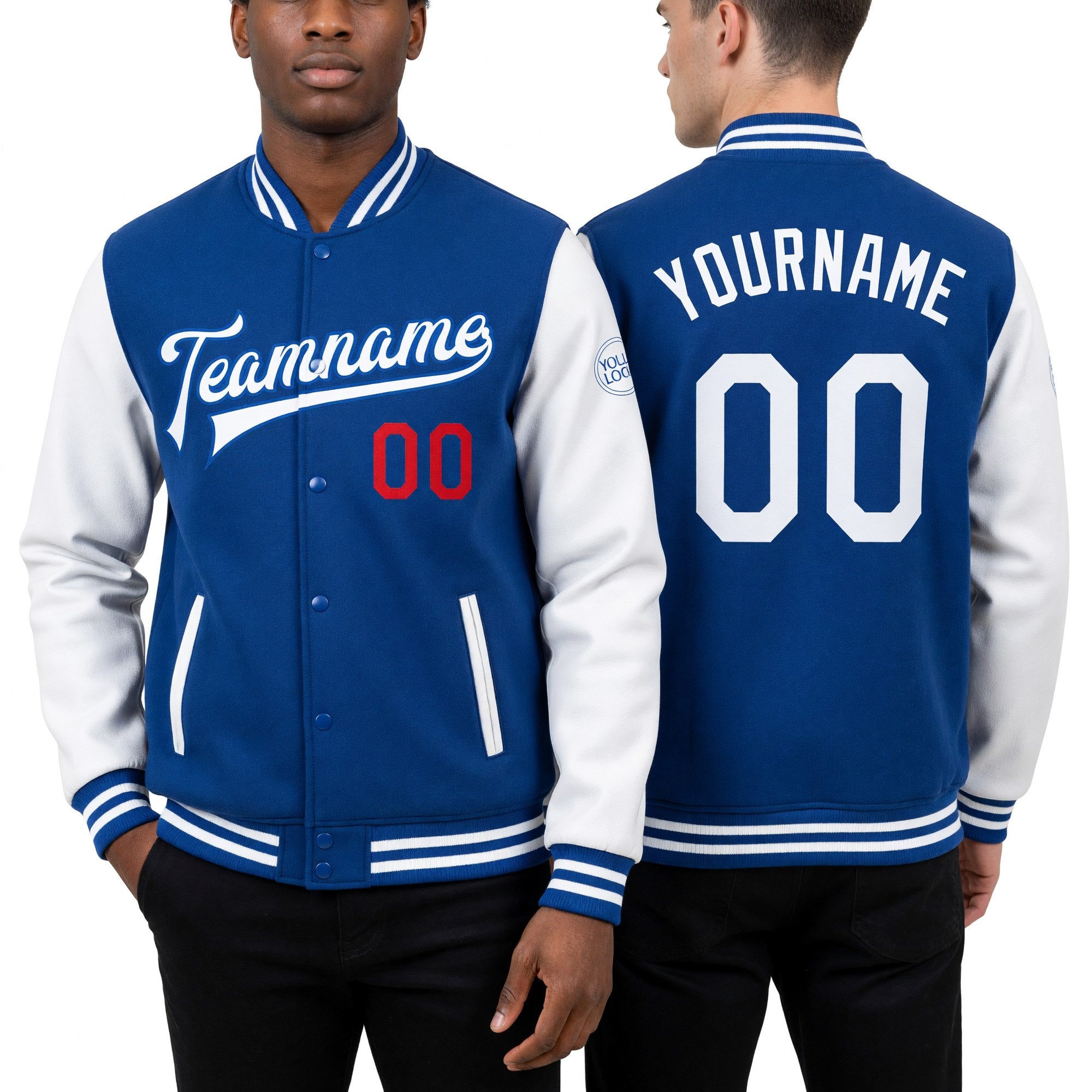 Custom Royal White-Red Bomber Full-Snap Varsity Letterman Two Tone Jacket worn front and back