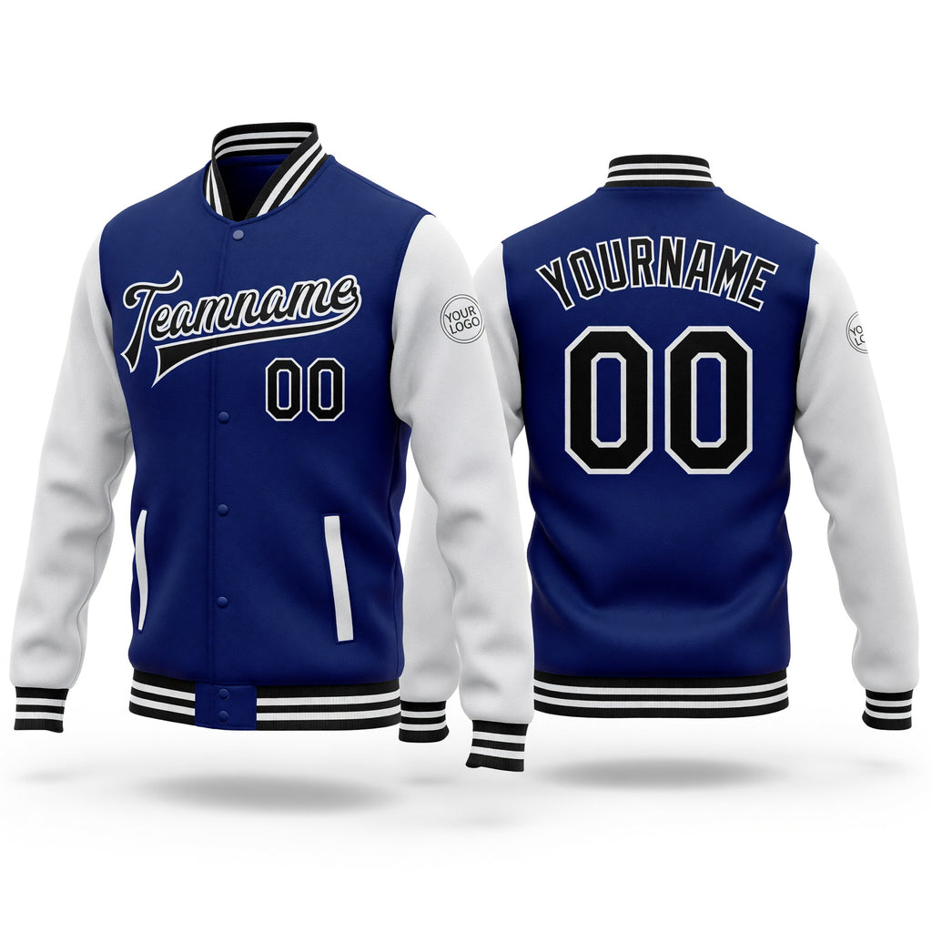 Custom Royal Black-White Bomber Full-Snap Varsity Letterman Two Tone Jacket