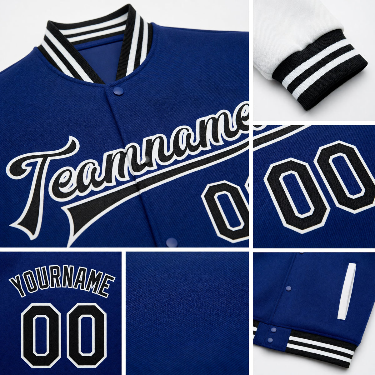 Custom Royal Black-White Bomber Full-Snap Varsity Letterman Two Tone Jacket detail