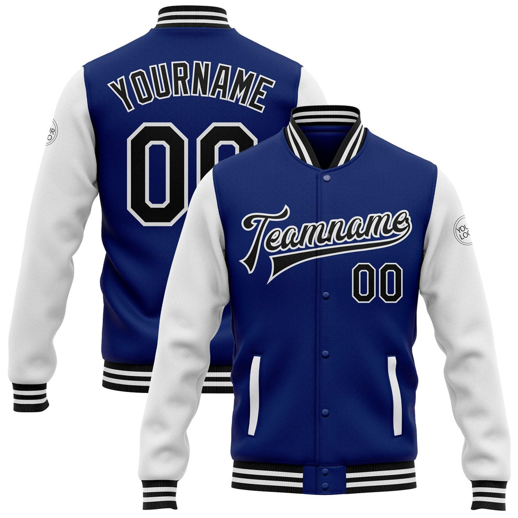 Custom Royal Black-White Bomber Full-Snap Varsity Letterman Two Tone Jacket photo 1