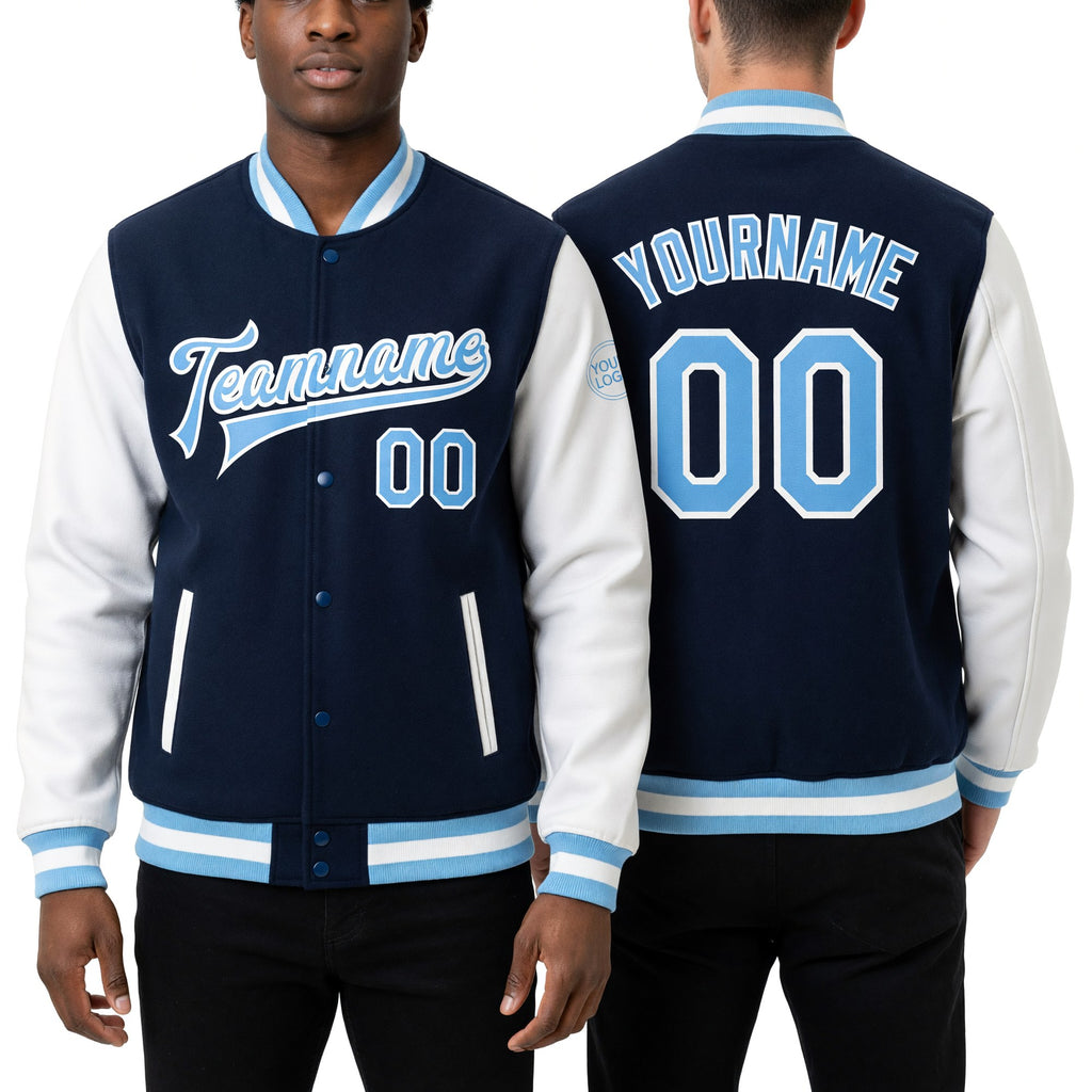Custom Royal Light Blue-White Bomber Full-Snap Varsity Letterman Two Tone Jacket worn front and back