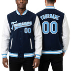 Custom Royal Light Blue-White Bomber Full-Snap Varsity Letterman Two Tone Jacket worn front and back