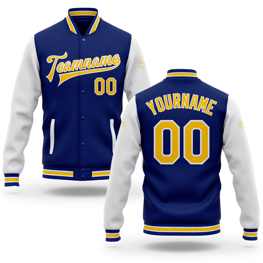 Custom Royal Yellow-White Bomber Full-Snap Varsity Letterman Two Tone Jacket