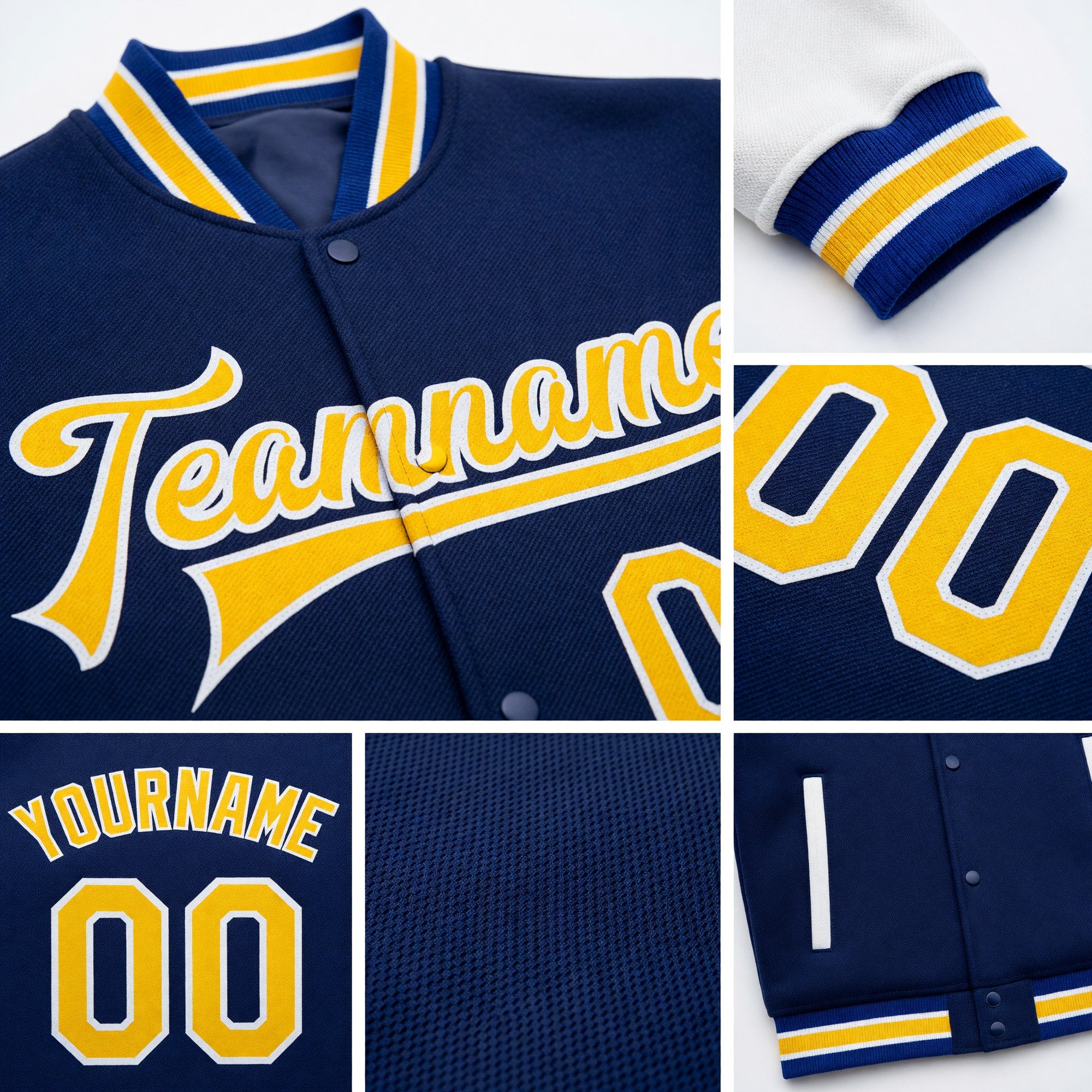 Custom Royal Yellow-White Bomber Full-Snap Varsity Letterman Two Tone Jacket detail
