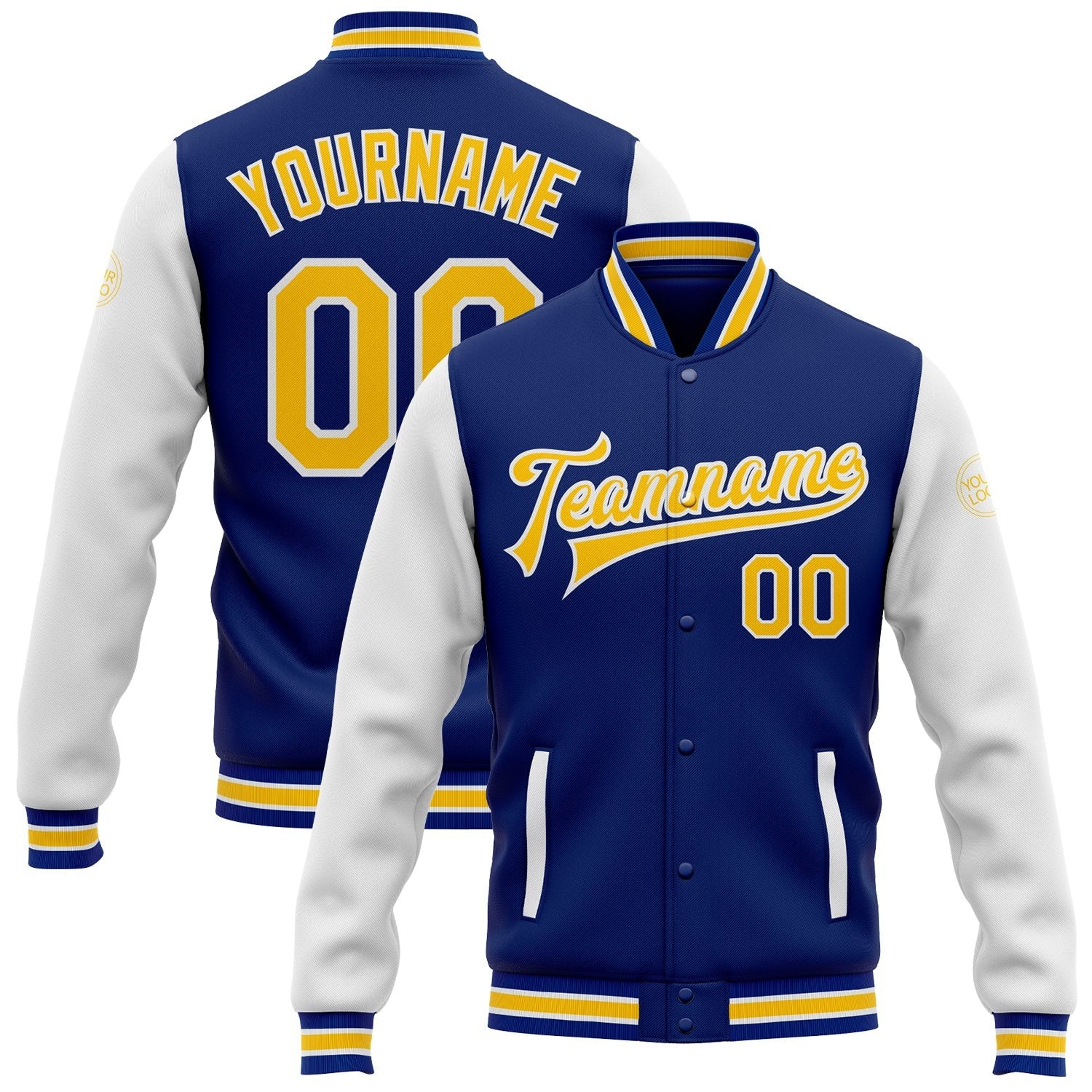 Custom Royal Yellow-White Bomber Full-Snap Varsity Letterman Two Tone Jacket photo 1