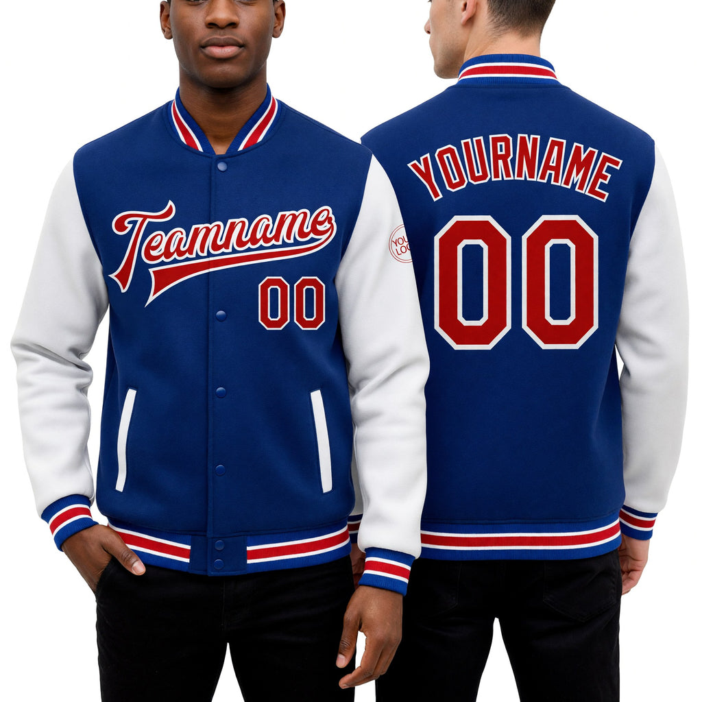 Custom Royal Red-White Bomber Full-Snap Varsity Letterman Two Tone Jacket worn front and back