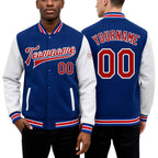 Custom Royal Red-White Bomber Full-Snap Varsity Letterman Two Tone Jacket worn front and back