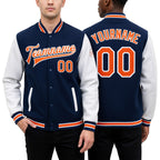 Custom Royal Orange-White Bomber Full-Snap Varsity Letterman Two Tone Jacket worn front and back