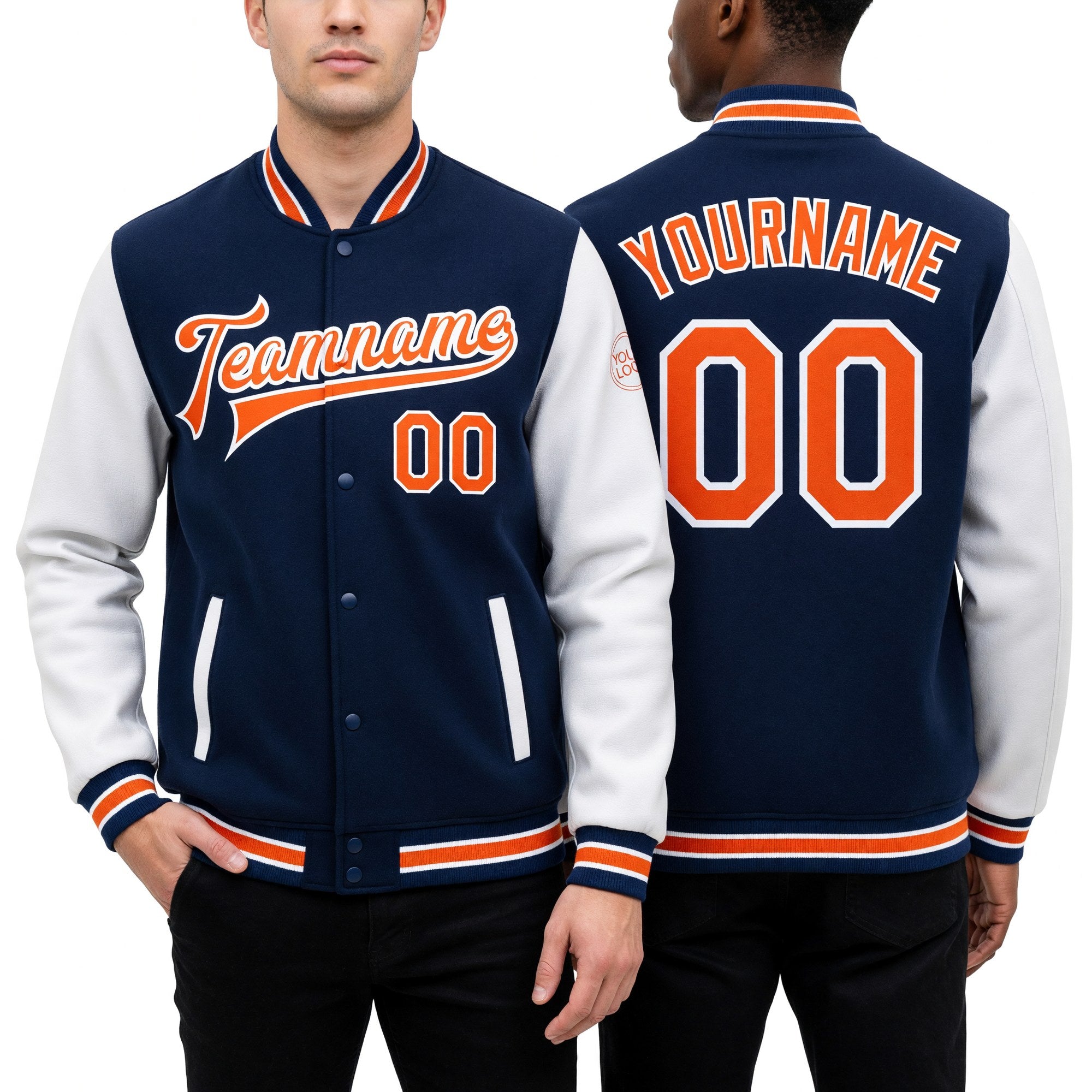 Custom Royal Orange-White Bomber Full-Snap Varsity Letterman Two Tone Jacket worn front and back