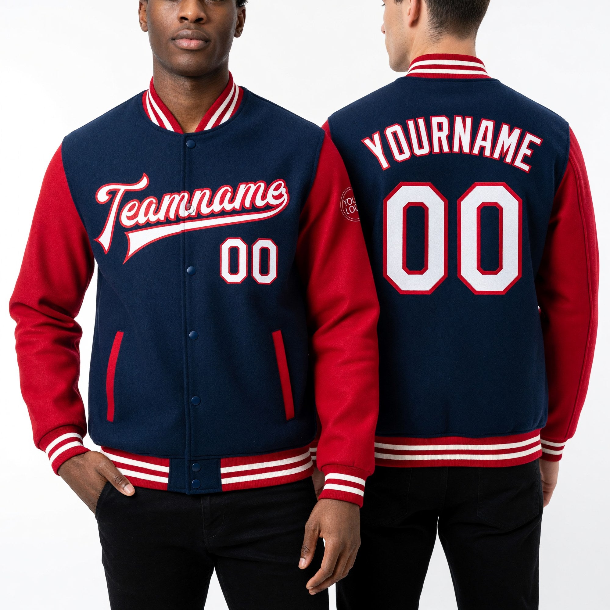 Custom Royal White-Red Bomber Full-Snap Varsity Letterman Two Tone Jacket worn front and back