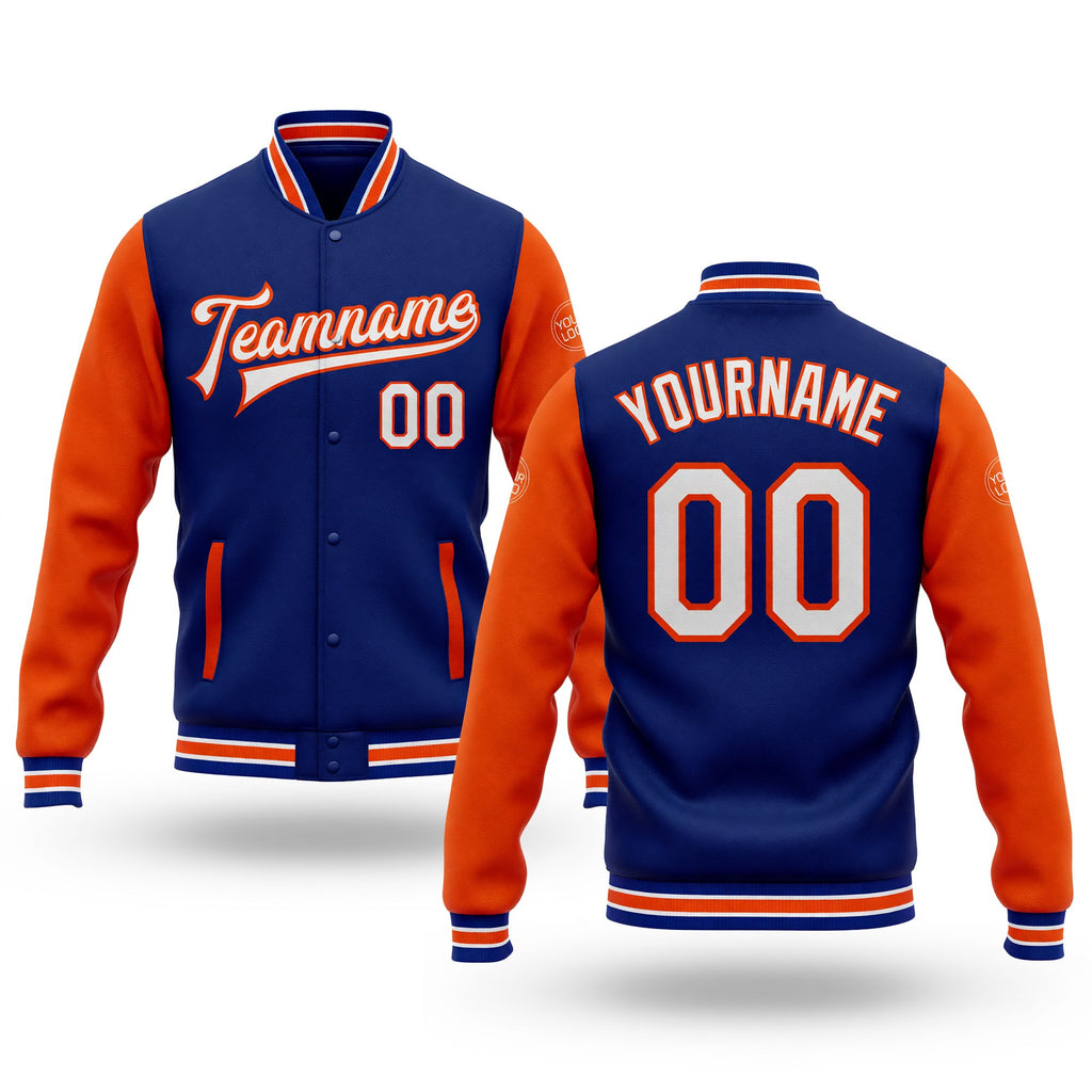 Custom Royal White-Orange Bomber Full-Snap Varsity Letterman Two Tone Jacket