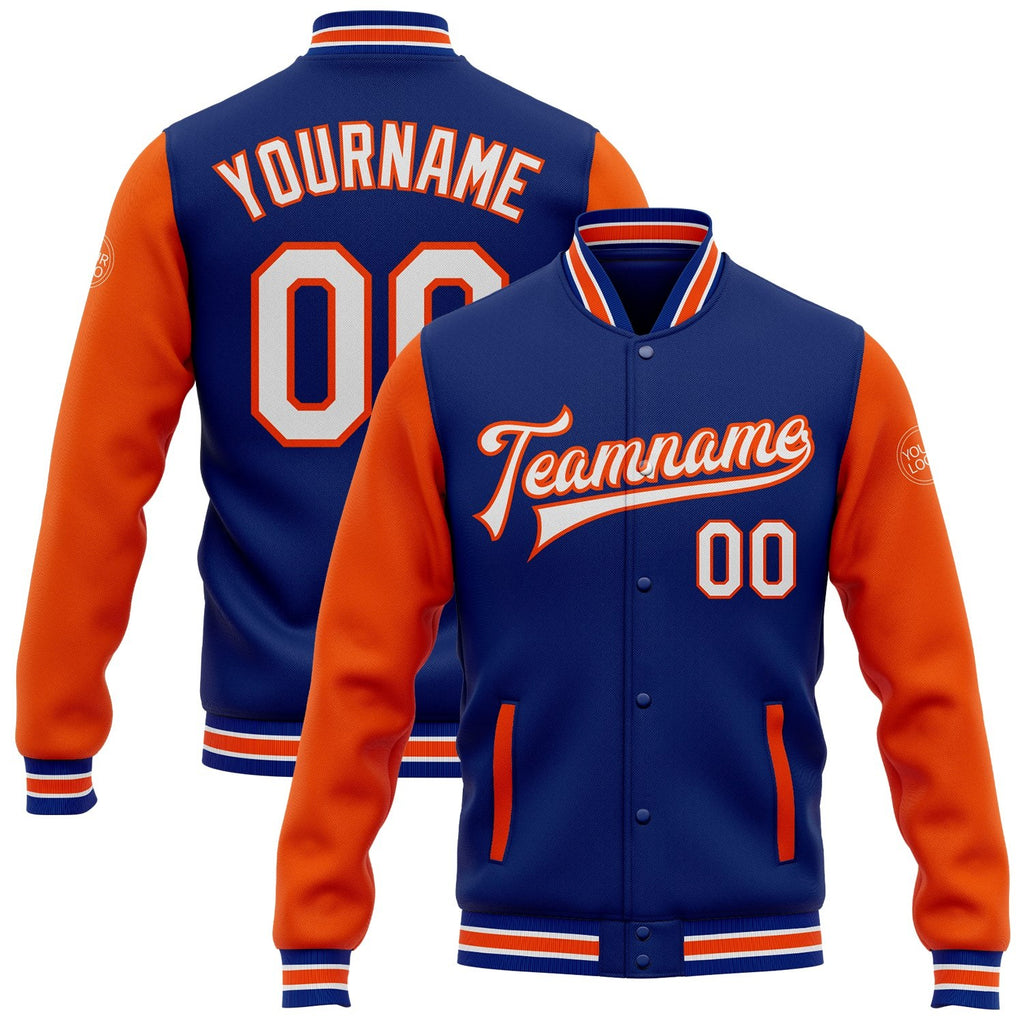 Custom Royal White-Orange Bomber Full-Snap Varsity Letterman Two Tone Jacket photo 1