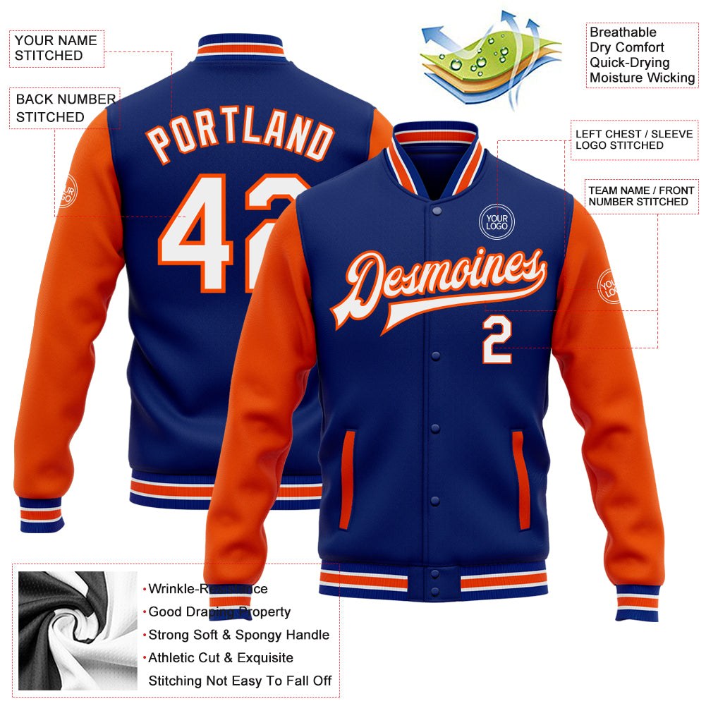 Custom Royal White-Orange Bomber Full-Snap Varsity Letterman Two Tone Jacket photo 5