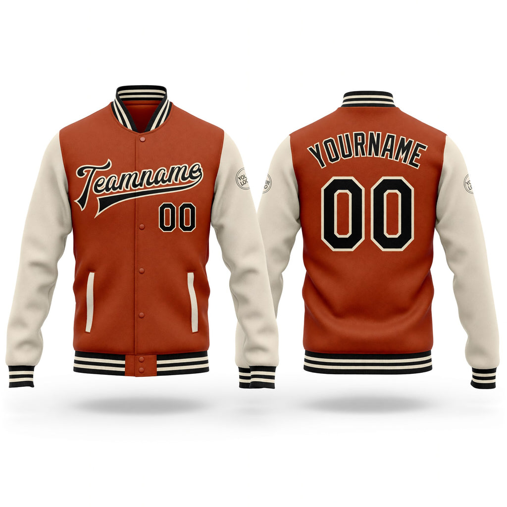Custom Texas Orange Black-Cream Bomber Full-Snap Varsity Letterman Two Tone Jacket