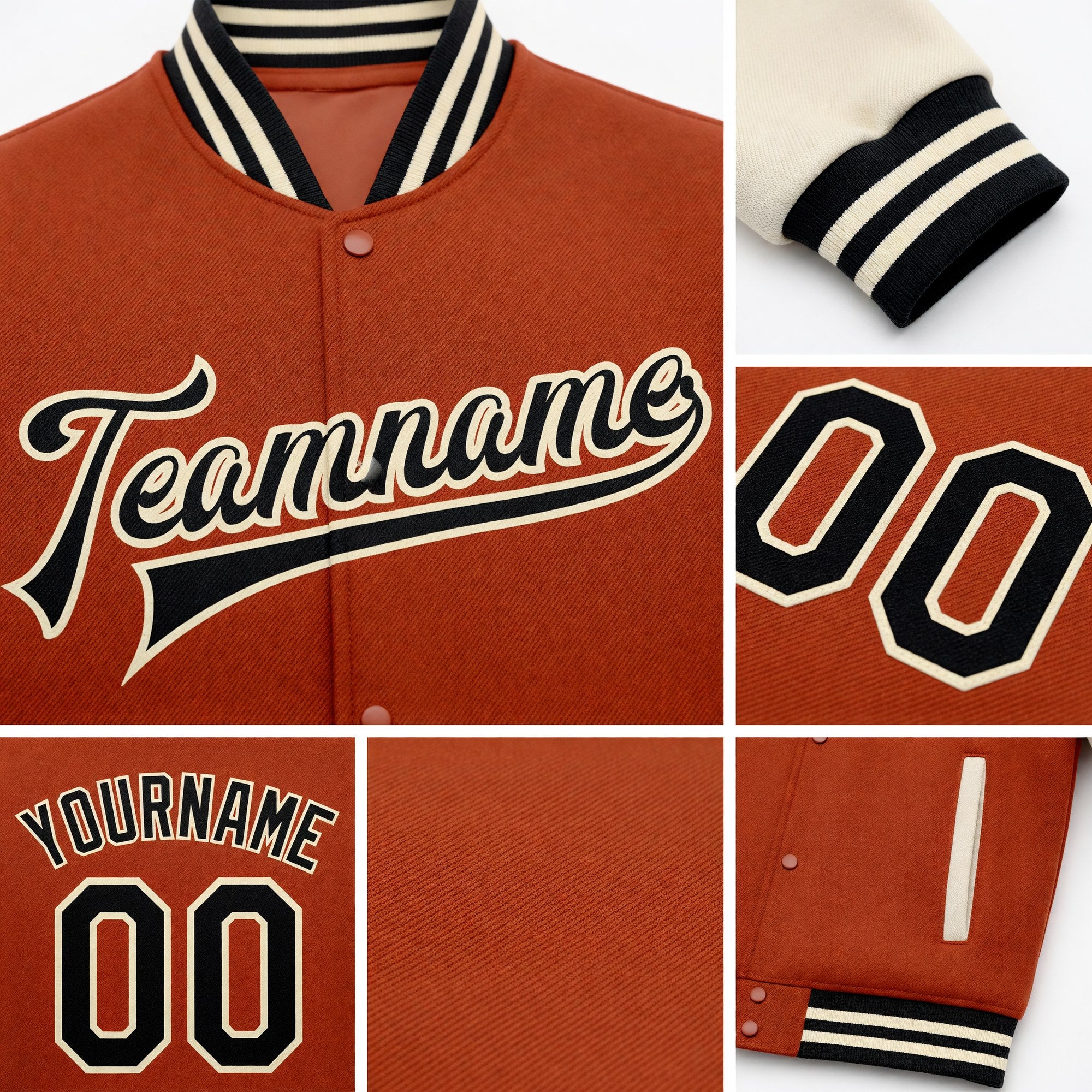 Custom Texas Orange Black-Cream Bomber Full-Snap Varsity Letterman Two Tone Jacket detail