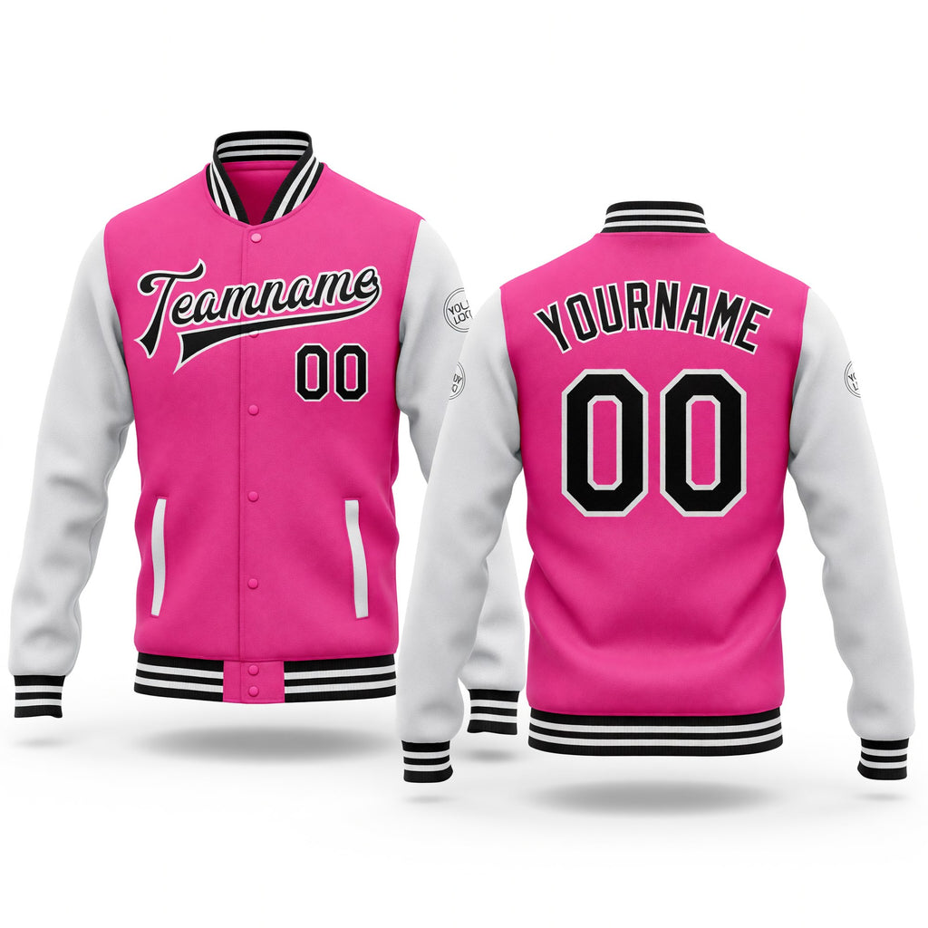 Custom Pink Black-White Bomber Full-Snap Varsity Letterman Two Tone Jacket