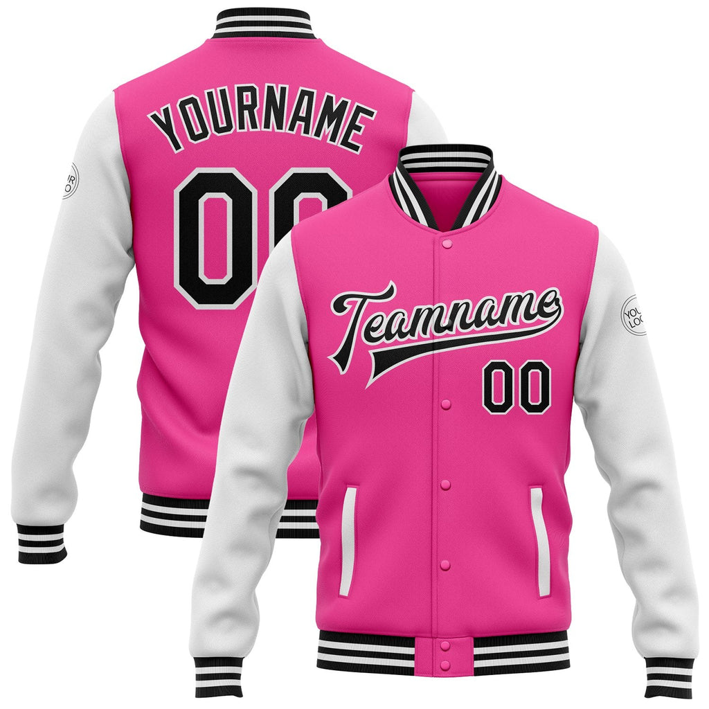 Custom Pink Black-White Bomber Full-Snap Varsity Letterman Two Tone Jacket photo 1