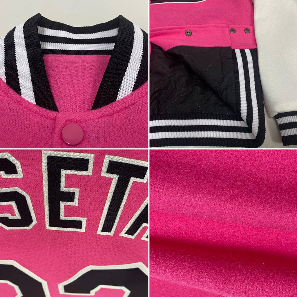 Custom Pink Black-White Bomber Full-Snap Varsity Letterman Two Tone Jacket photo 4
