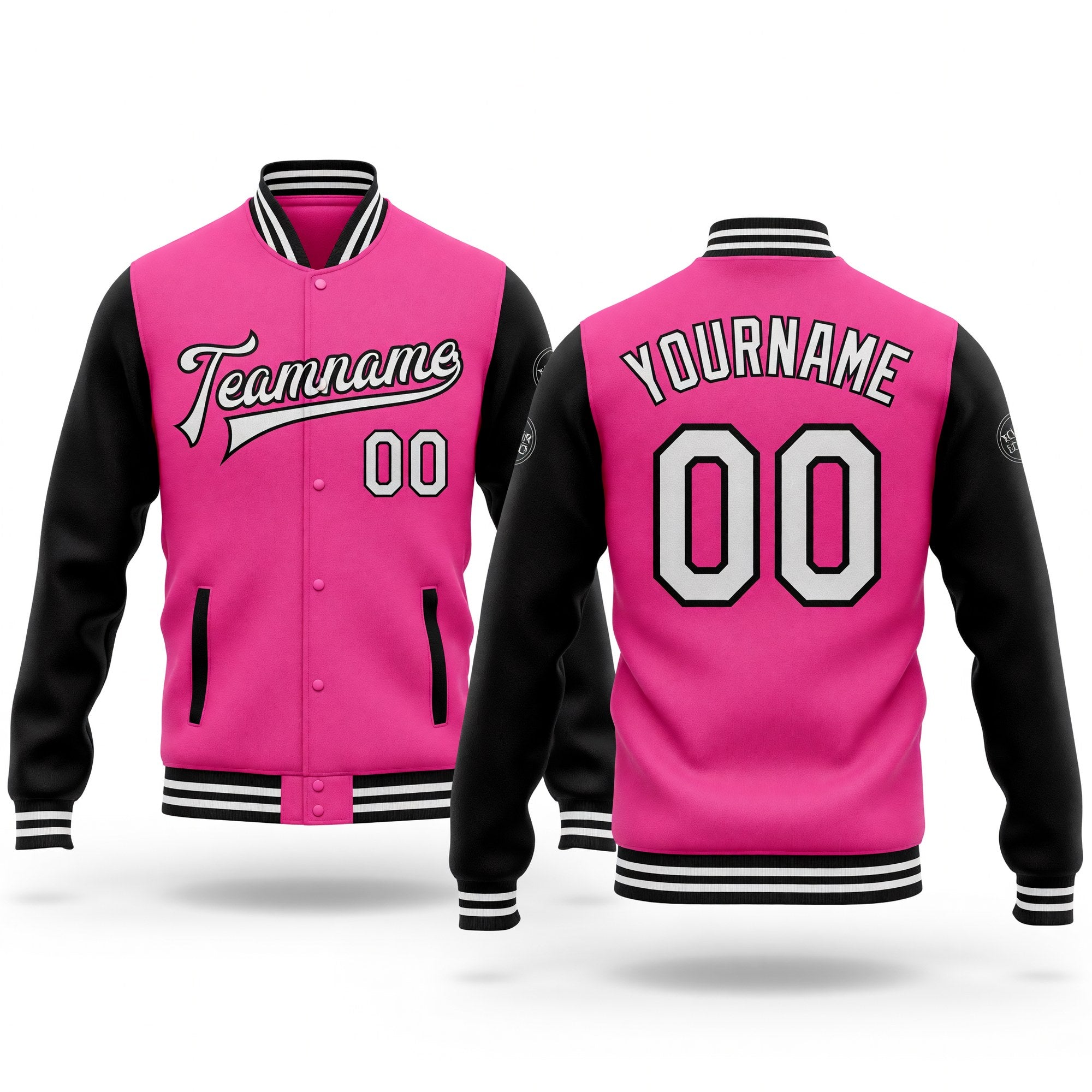Custom Pink White-Black Bomber Full-Snap Varsity Letterman Two Tone Jacket