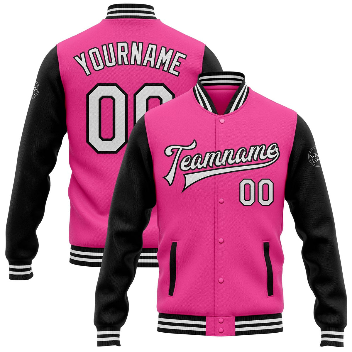 Custom Pink White-Black Bomber Full-Snap Varsity Letterman Two Tone Jacket photo 1