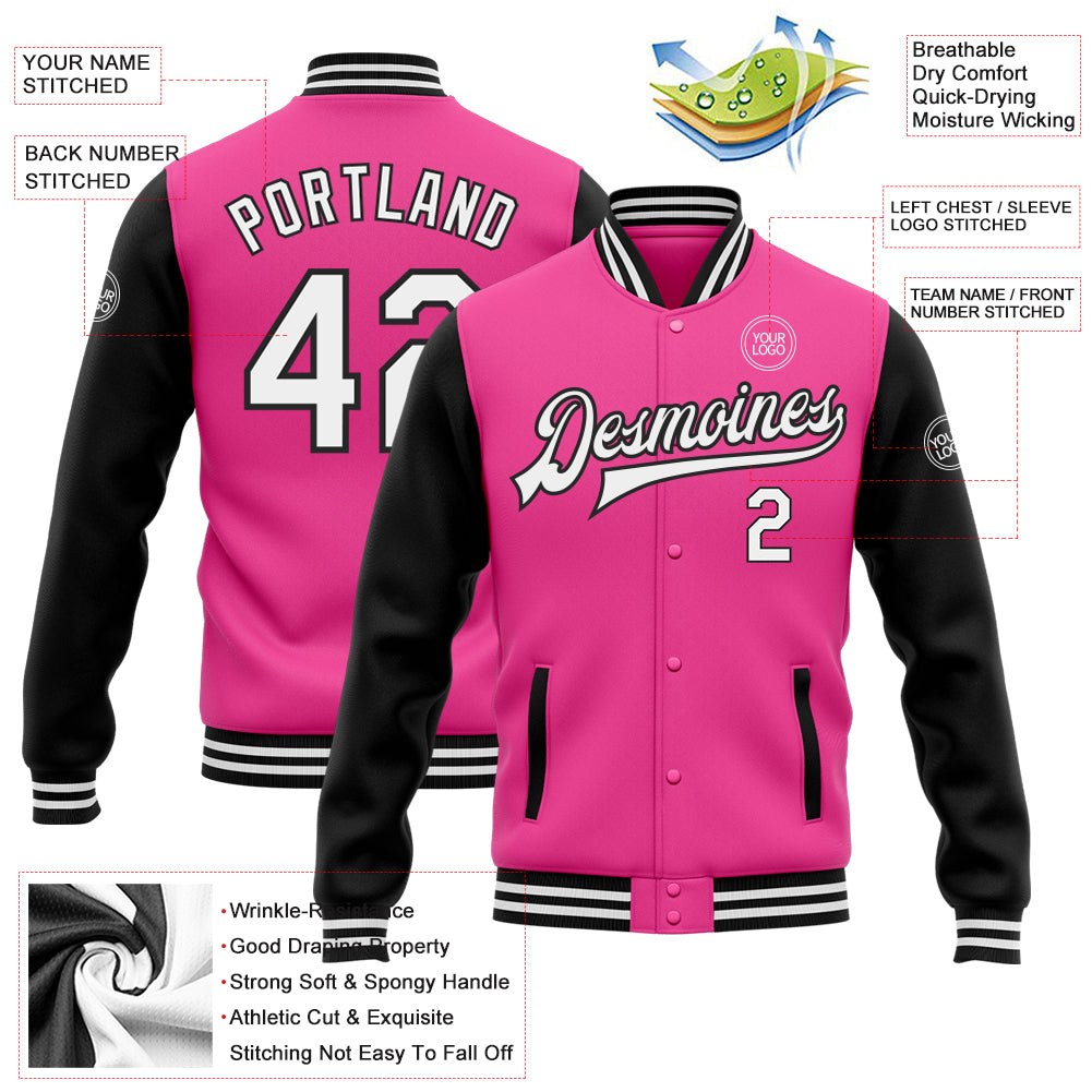 Custom Pink White-Black Bomber Full-Snap Varsity Letterman Two Tone Jacket photo 5