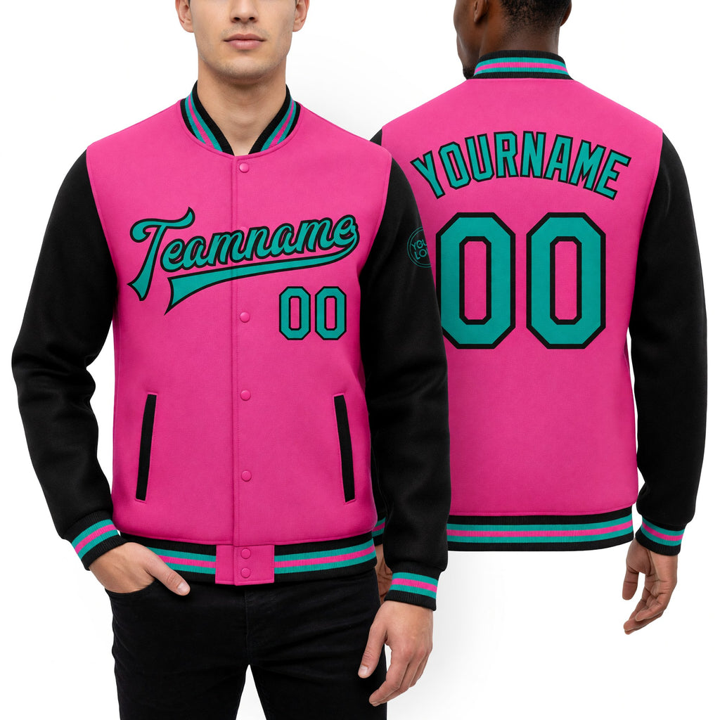 Custom Pink Aqua-Black Bomber Full-Snap Varsity Letterman Two Tone Jacket worn front and back