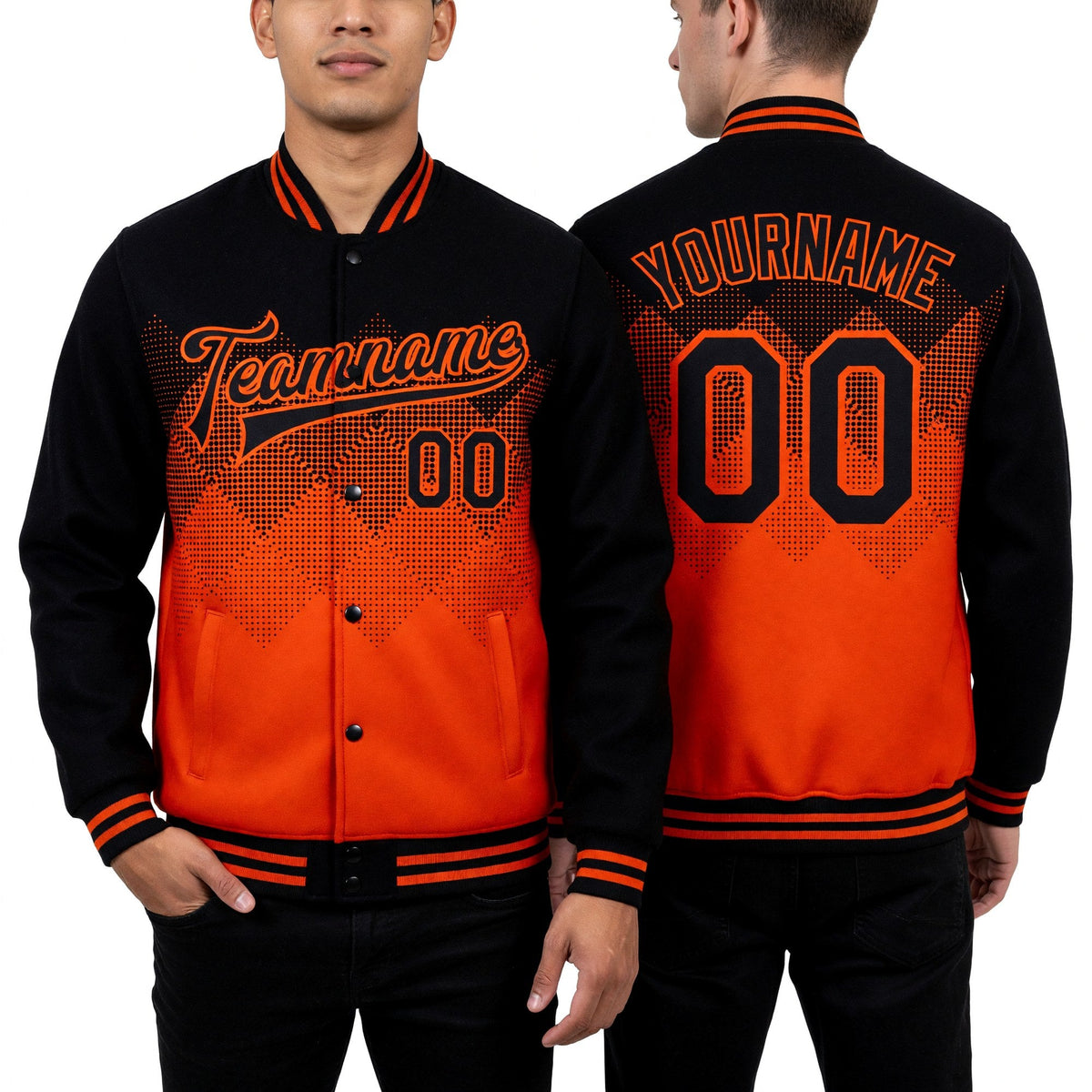 Custom Orange Black 3D Pattern Design Bomber Full-Snap Varsity Letterman Jacket worn front and back