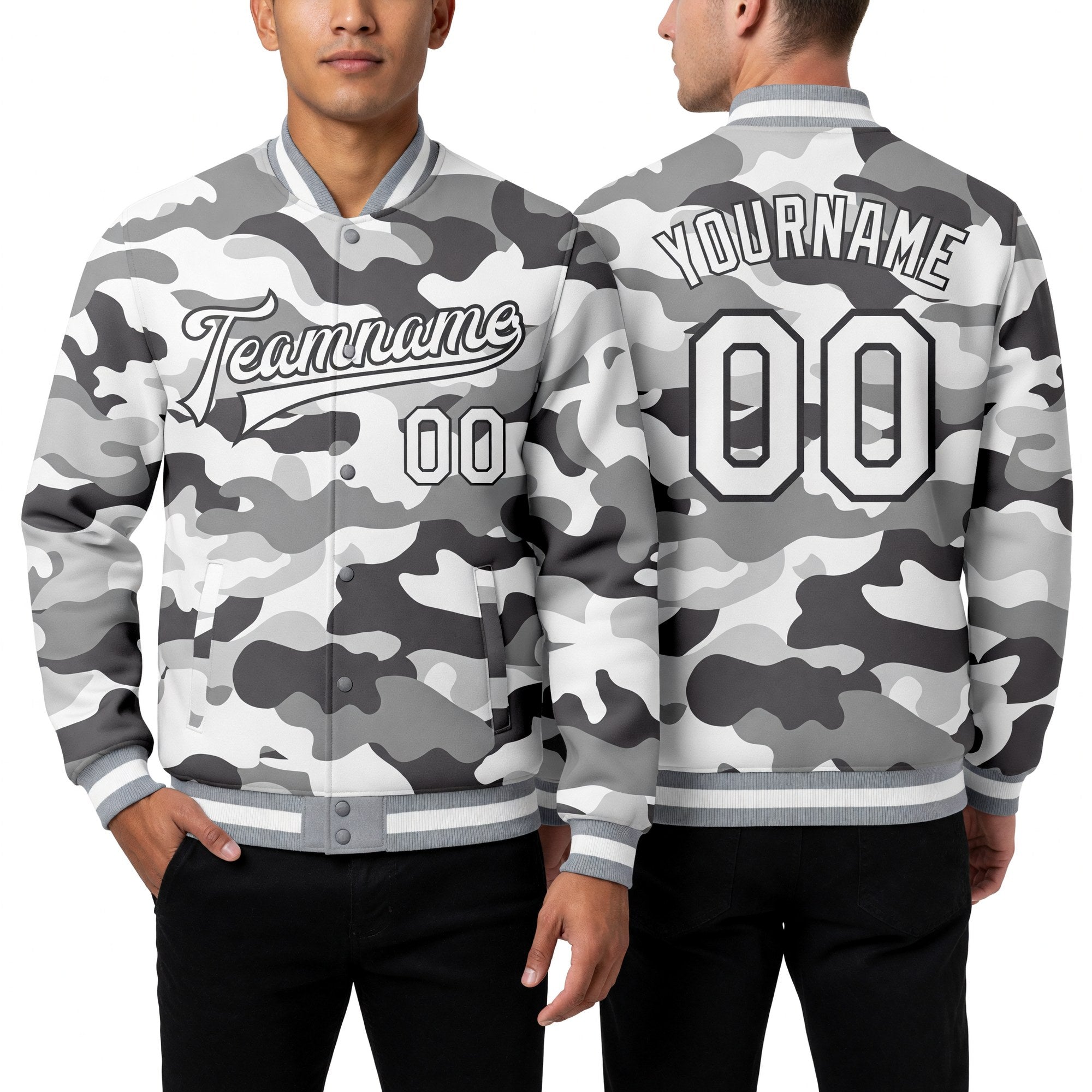 Custom Camo White-Steel Gray Snow Camouflage 3D Bomber Full-Snap Varsity Letterman Salute To Service Jacket worn front and back