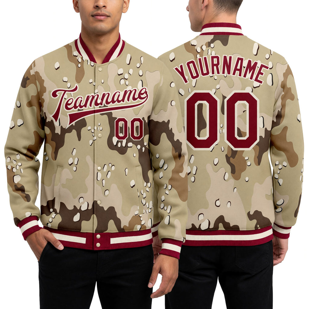 Custom Camo Maroon-Cream Desert Camouflage 3D Bomber Full-Snap Varsity Letterman Salute To Service Jacket worn front and back