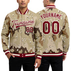 Custom Camo Maroon-Cream Desert Camouflage 3D Bomber Full-Snap Varsity Letterman Salute To Service Jacket worn front and back