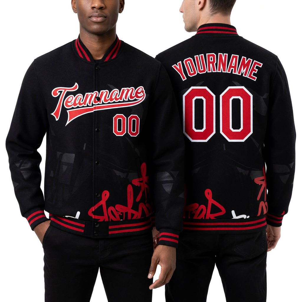 Custom Graffiti Pattern Red-Black Dark Abstract Urban Street Art 3D Bomber Full-Snap Varsity Letterman Jacket worn front and back