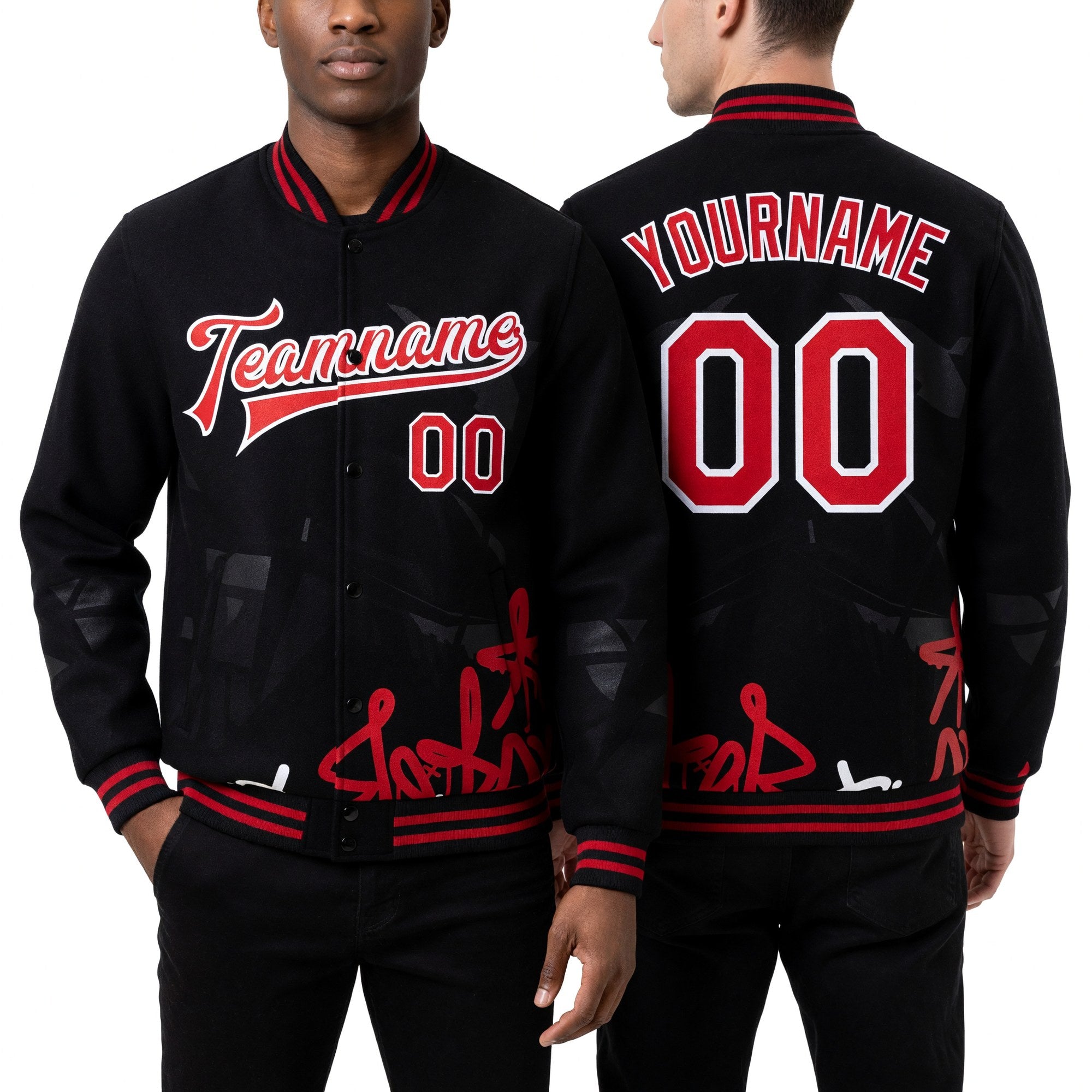 Custom Graffiti Pattern Red-Black Dark Abstract Urban Street Art 3D Bomber Full-Snap Varsity Letterman Jacket worn front and back