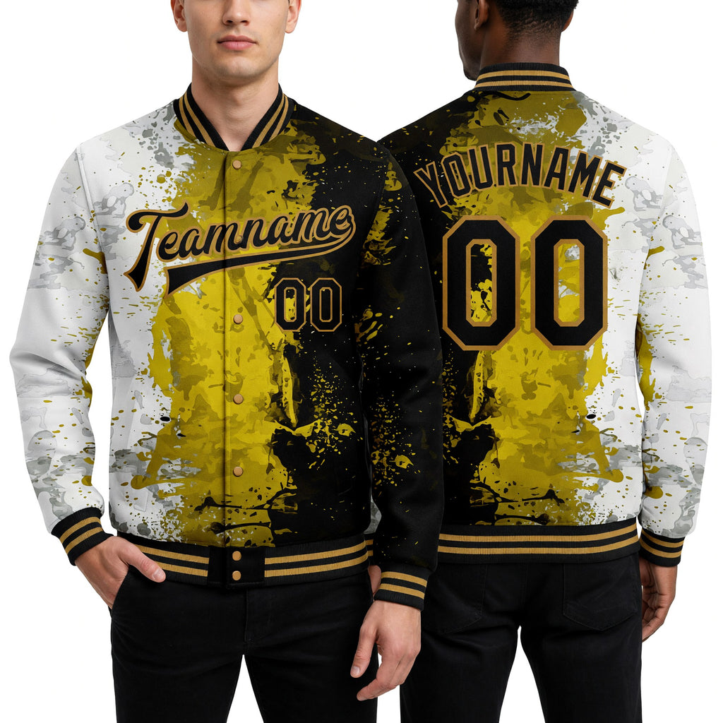 Custom Graffiti Pattern Black-Old Gold Grunge Art 3D Bomber Full-Snap Varsity Letterman Jacket worn front and back