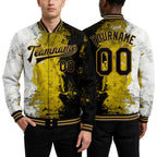 Custom Graffiti Pattern Black-Old Gold Grunge Art 3D Bomber Full-Snap Varsity Letterman Jacket worn front and back