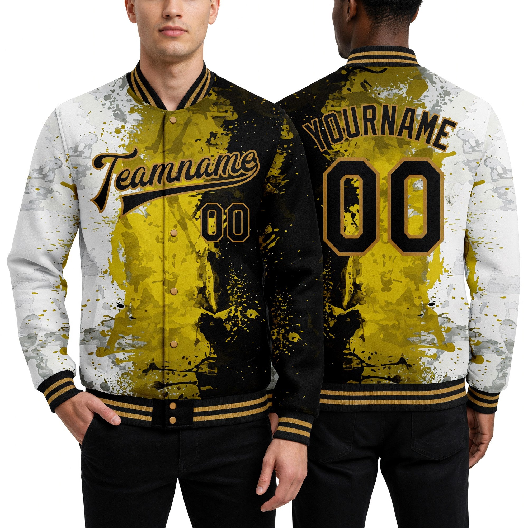 Custom Graffiti Pattern Black-Old Gold Grunge Art 3D Bomber Full-Snap Varsity Letterman Jacket worn front and back