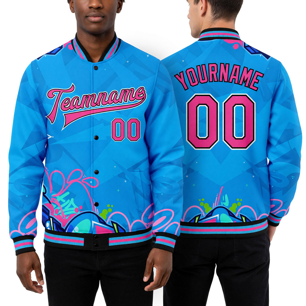 Custom Graffiti Pattern Pink-Black Hiphop Abstract Urban Street Art 3D Bomber Full-Snap Varsity Letterman Jacket worn front and back